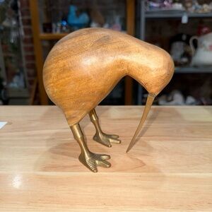 Natural Wood & Brass Kiwi Bird Figurine- Brass Beak Legs Feet Wood Body